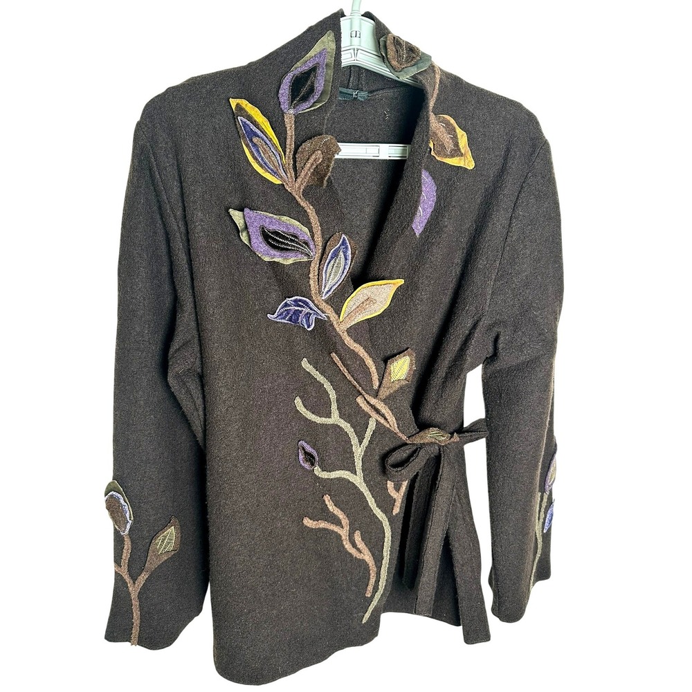 CoVelo Wrap Jacket Women L Brown Embroidered Floral Applique Wool Blend Boiled